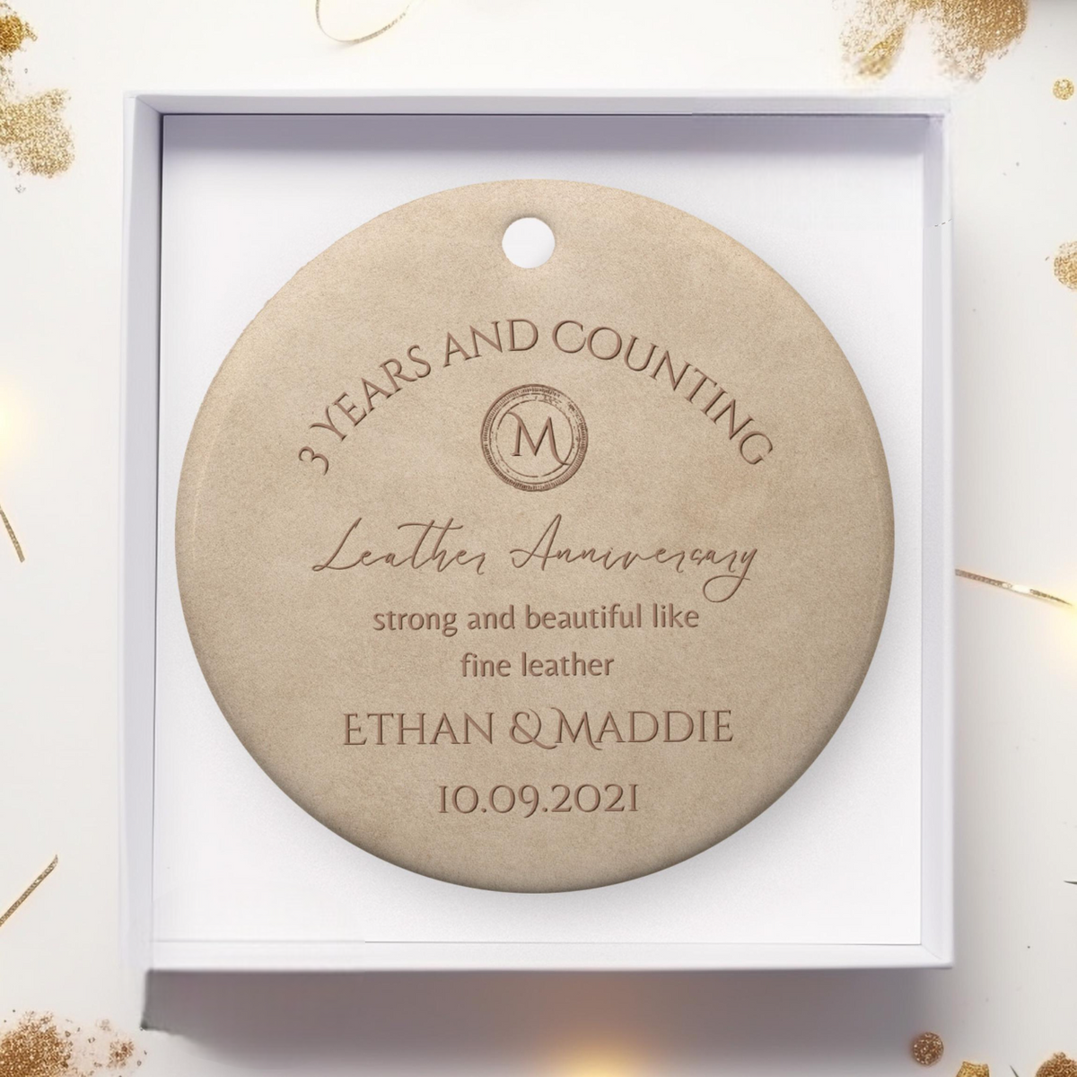 Personalized 3rd Anniversary Ornament, Leather Wedding Anniversary Gift, Three Year Anniversary Ceramic Ornament, 3rd Year Gift For Husband Wife