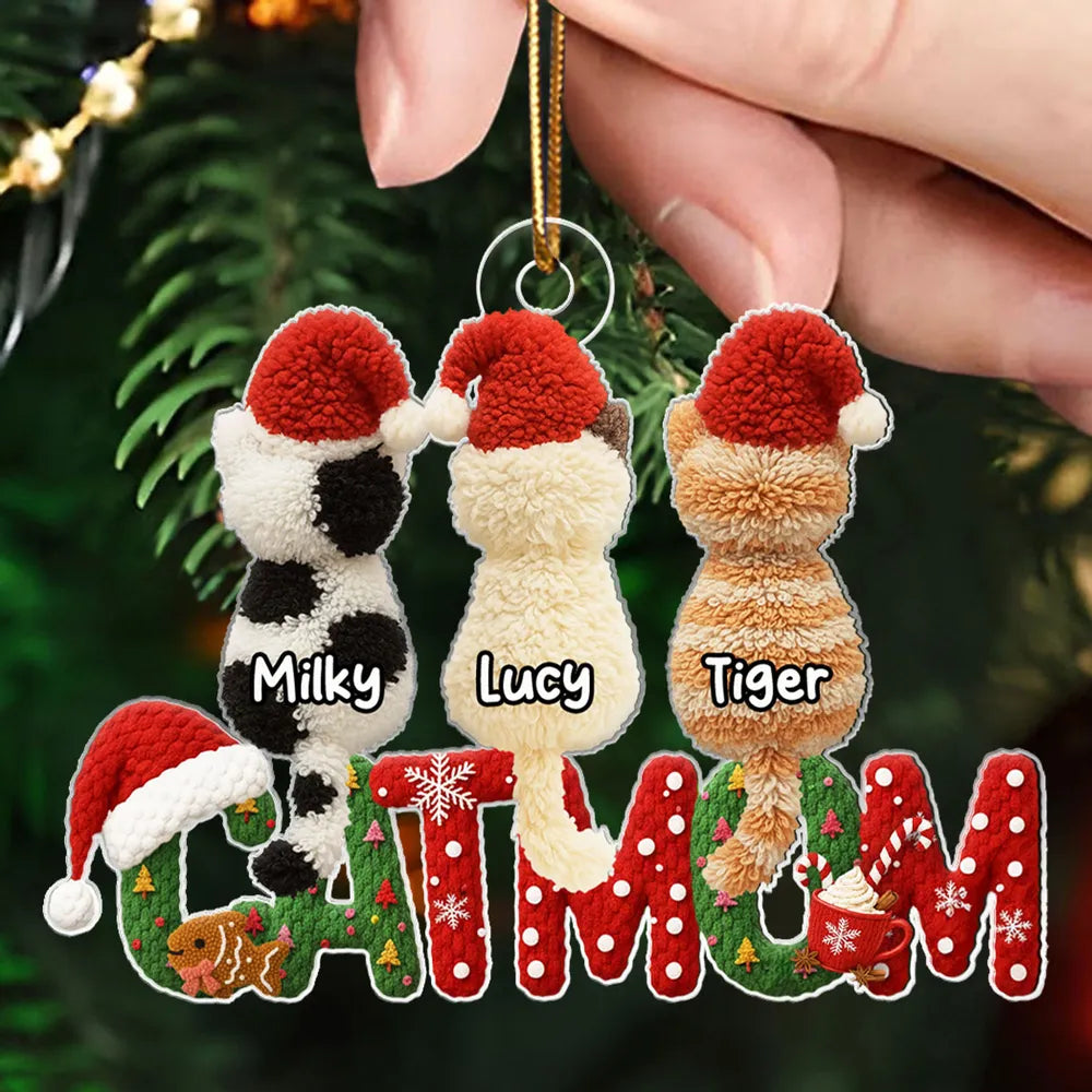 3D Effext Faux Crochet Cat Mom - Personalized Acrylic Ornament - Christmas Gift for Cat Lovers