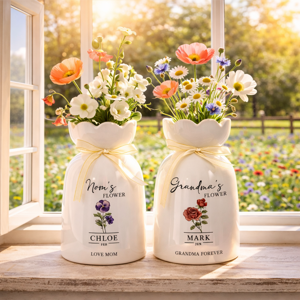 Personalized Mom Birth Flower Vase, Mother's Day Gift for Mom, Custom Flower Vase with Name and Month Flower, Mom Birthday Gift