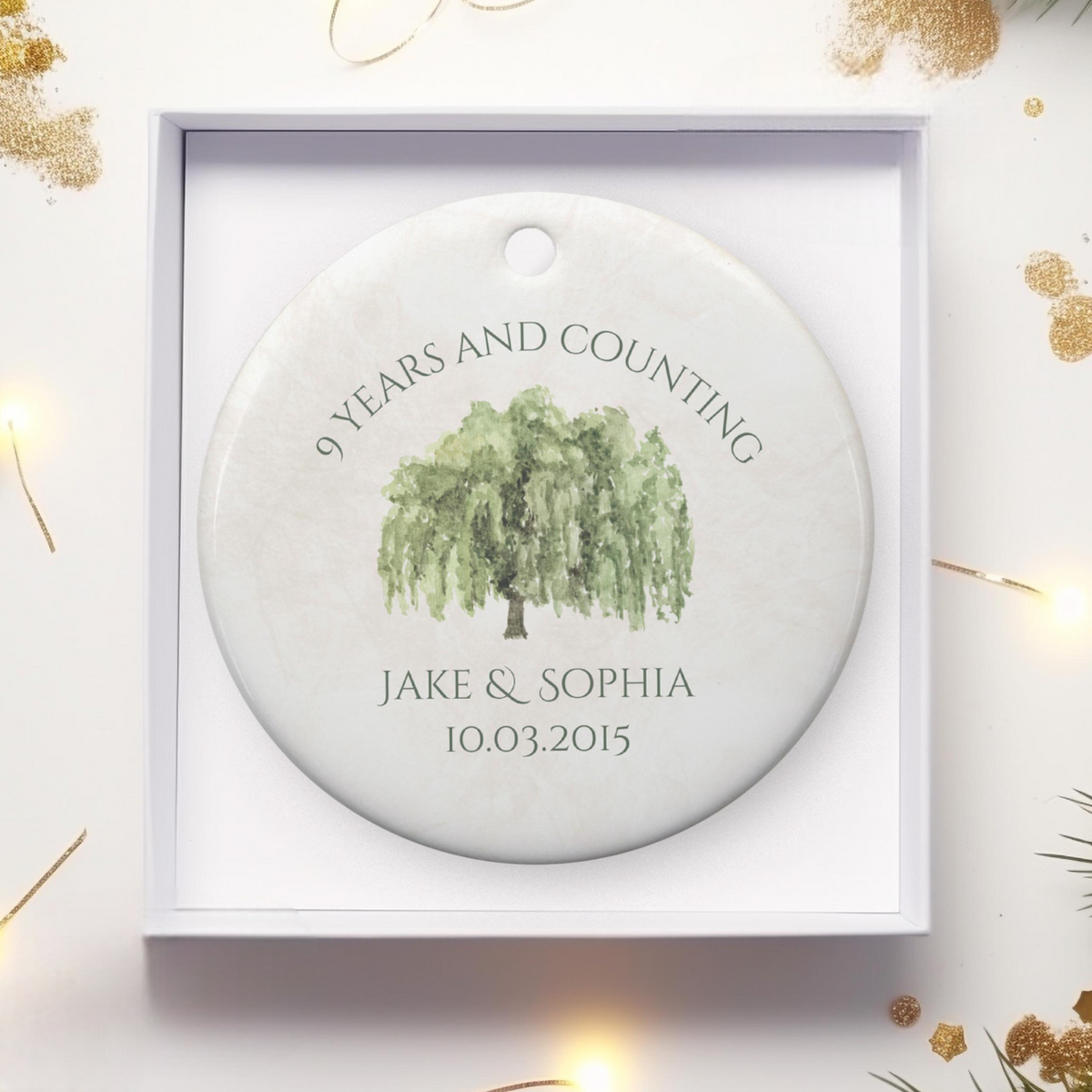 Personalized 9th Anniversary Ornament, Willow Wedding Anniversary Gift, Ninth Year Anniversary Ceramic Ornament, 9 Years Married Keepsake Gift