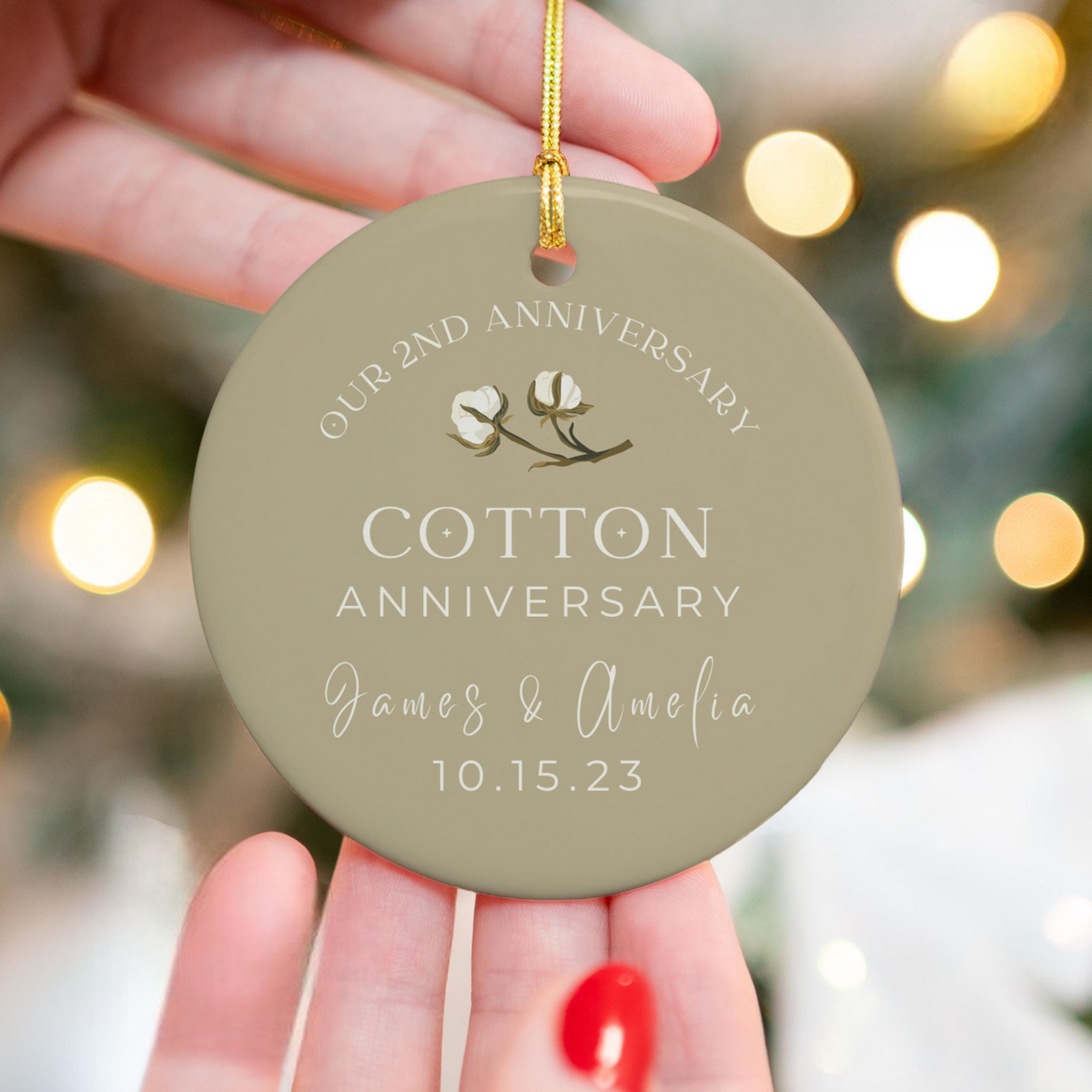Personalized 2nd Anniversary Ornament, Cotton Wedding Anniversary Gift, Two Year Anniversary Ceramic Ornament, 2nd Year Gift For Husband Wife