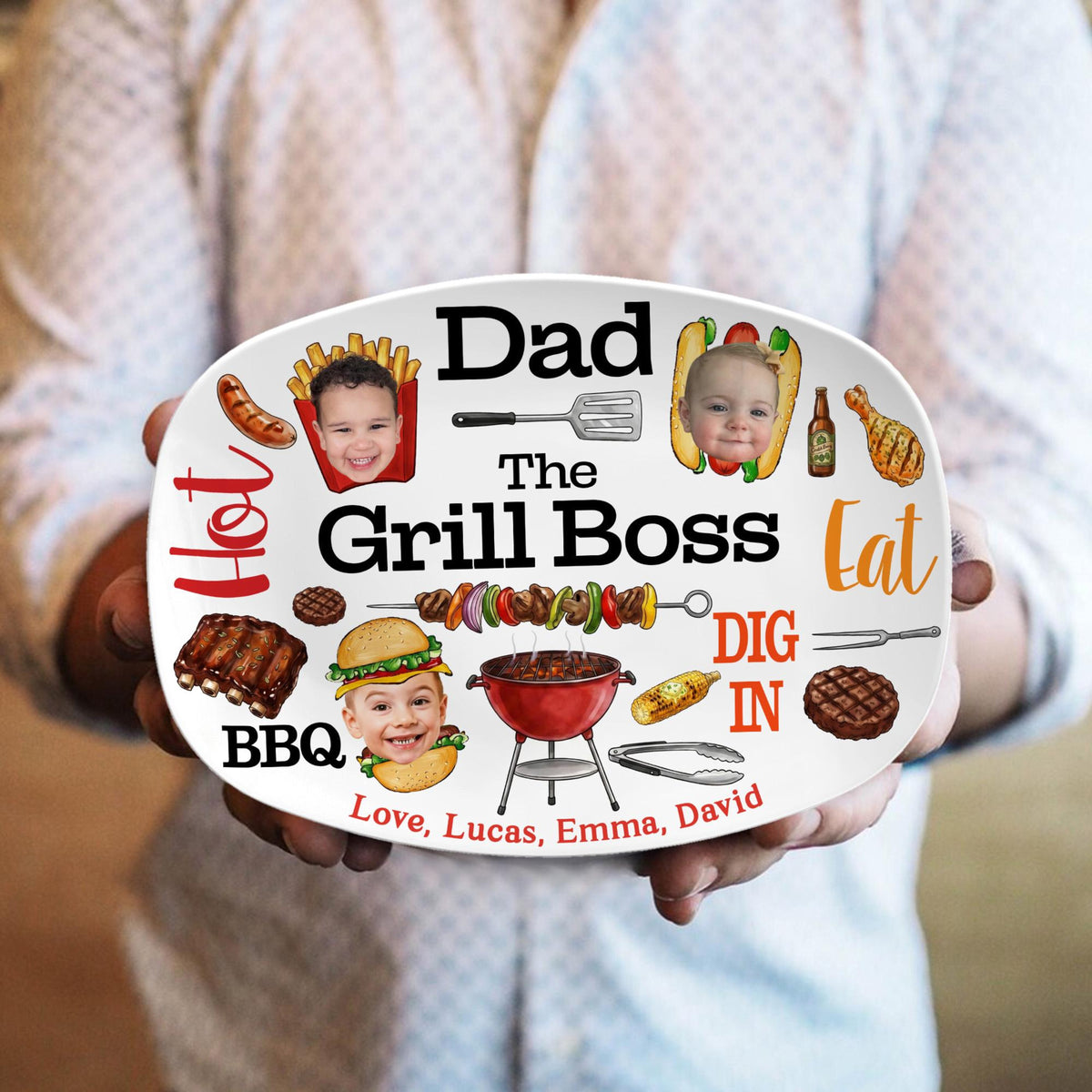 Personalized Dad Grilling Platter with Kids Faces, Funny Kids Face Platter, BBQ Dad Gift, The Grill Boss Plate, Fathers Day Gift for Husband