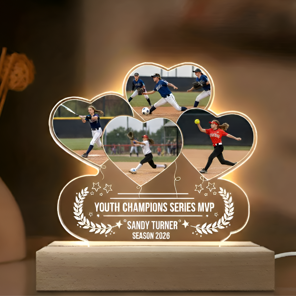 Our Rising Star Custom Daughter's Photo - Personalized 3D LED Light Wooden Base - Gift For Softball Player