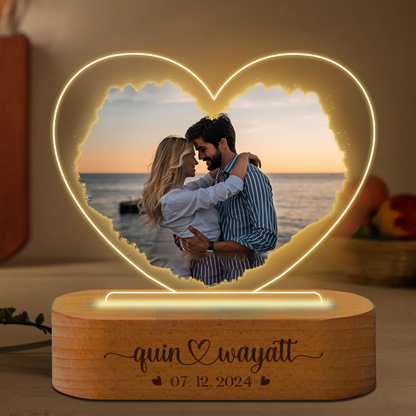 Custom Photo Heart Acrylic Night Light, Personalized 3D LED Light Wooden Base, Anniversary Gift, Valentines Day Gift for Him or Her, Couple Gifts