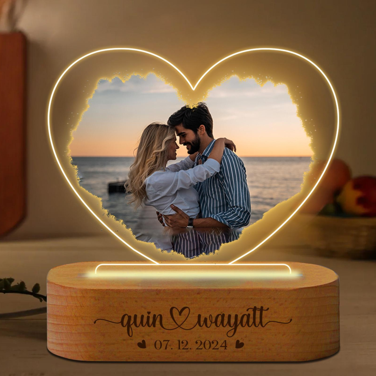 Custom Photo Heart Acrylic Night Light, Personalized 3D LED Light Wooden Base, Anniversary Gift, Valentines Day Gift for Him or Her, Couple Gifts