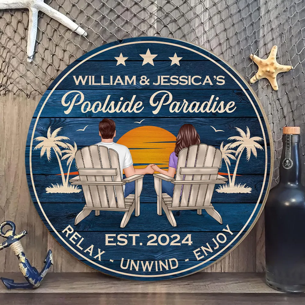 Poolside Paradise Beach Couple - Personalized Wood Sign - Gift For Couple, Summer Pool Deck, Beach House, Backyard Walls