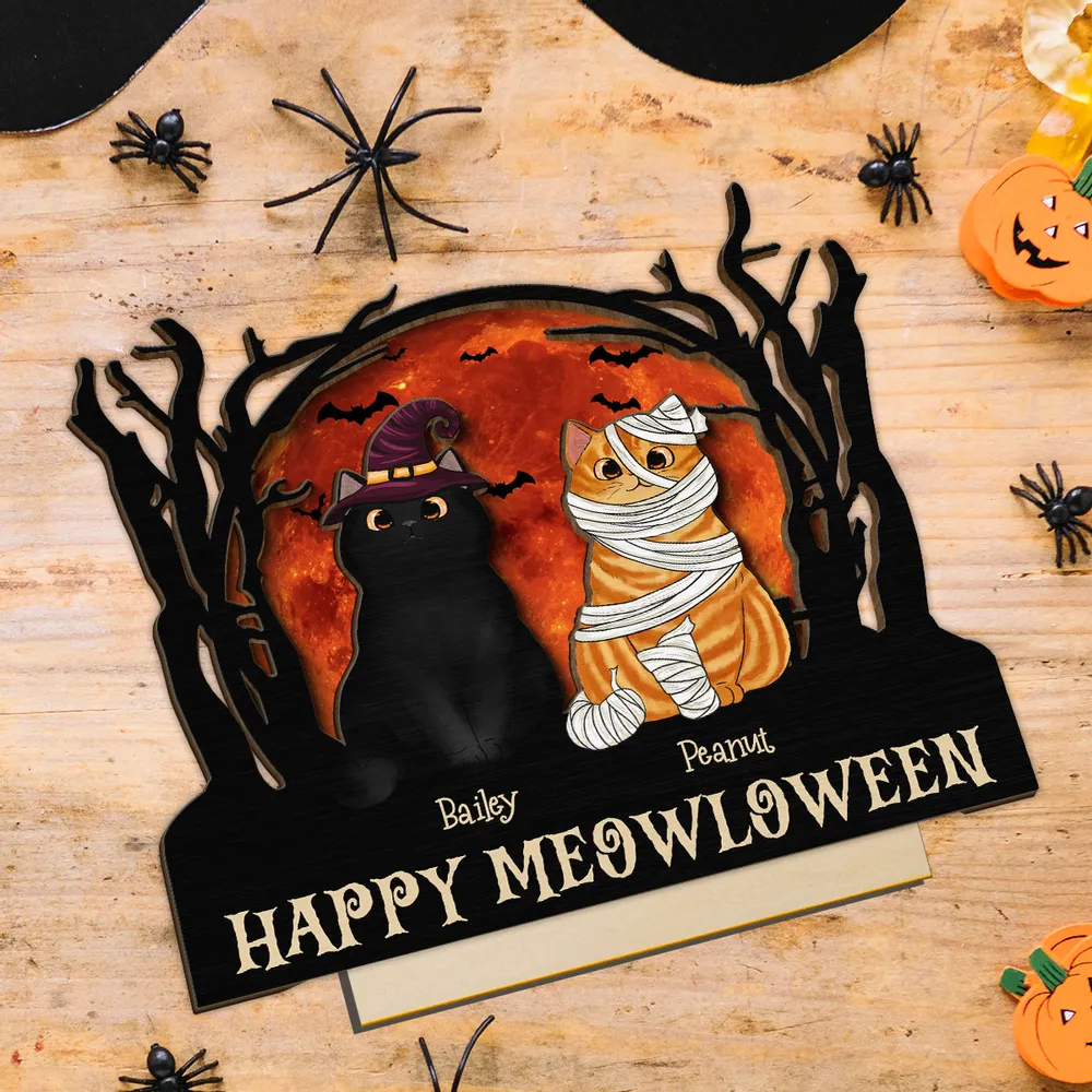 Happy Meowloween Halloween Night Cat - Pesonalized Wooden Plaque - Halloween Decor, Gift For Cat Lover
