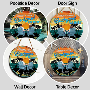 Vintage Backyard Paradise Couple Sitting - Personalized Wood Sign - Housewarming, Birthday, Anniversary Gift for Him, Her