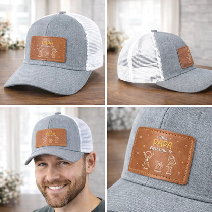This Awesome Papa Belongs To Kids - Personalized Leather Label Net Hat - Gift For Father, Grandpa, Father's Day Gift