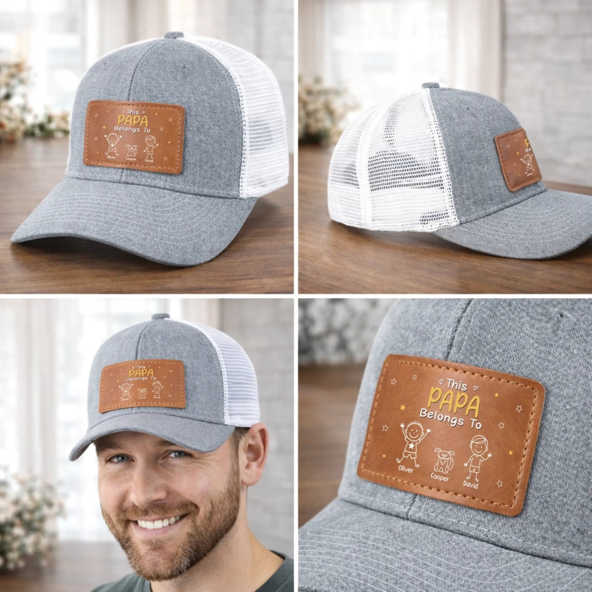 This Awesome Papa Belongs To Kids - Personalized Leather Label Net Hat - Gift For Father, Grandpa, Father's Day Gift