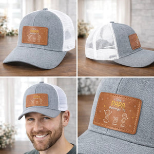 This Awesome Papa Belongs To Kids - Personalized Leather Label Net Hat - Gift For Father, Grandpa, Father's Day Gift