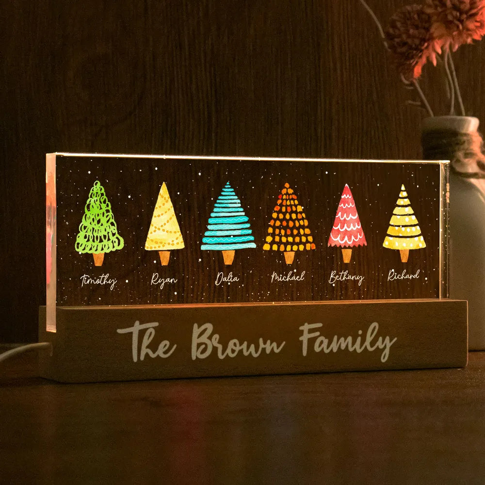Colorful Christmas Tree Family Personalized Acrylic Block LED Night Light, Christmas Gift For Family