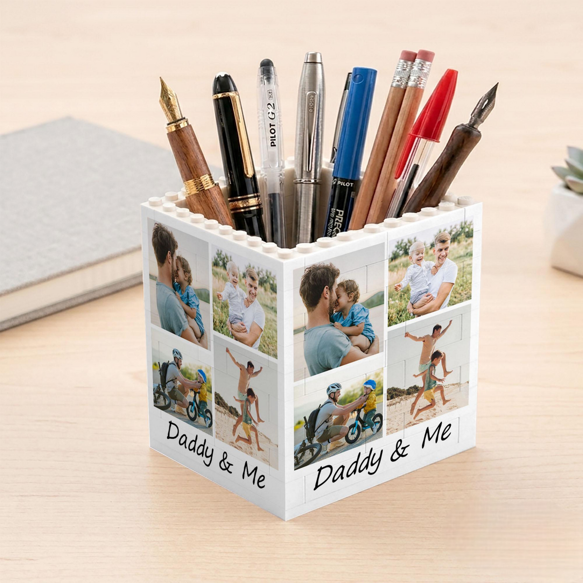 Custom Photo Collage Building Block Pen Holder, Unique Gift for Dad, Dad And Me Photo Blocks, Gift For Husband, Bricks Puzzle Fathers Day