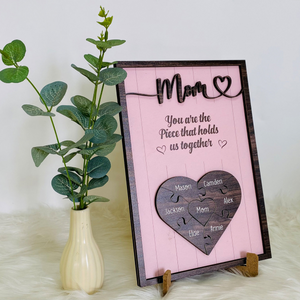Personalized Puzzle Mom Sign Mother's Day, Love Heart Engrave With Pink Background, Gifts From Kids, Wooden Sign, Puzzle Pieces