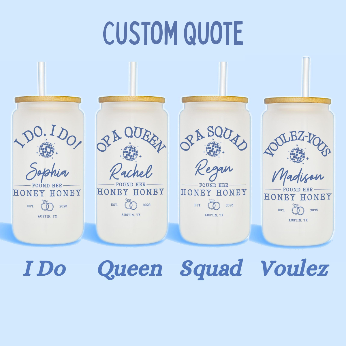 Girls Weekend Bachelorette Party Gift, Mia Bachelorette Glass Tumbler, Honey Custom Ice Coffee Glass, Voulez-vous Beach Bach Party Favor