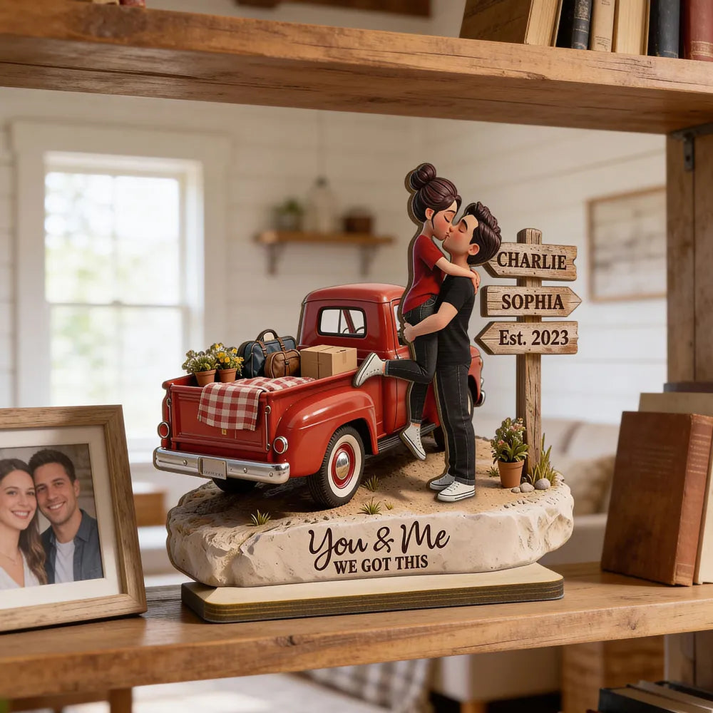 Romantic Couple Pickup Truck Farmhouse Sign Post - Personalized Wooden Plaque With Flat Base - Valentine's Day Gift For Couple, Anniversary Gift