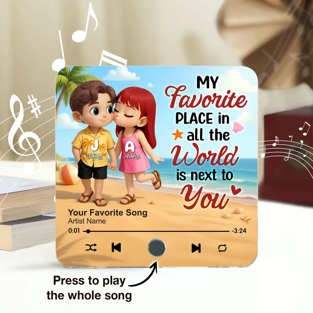 My Favorite Place in All the World is Next to You, Summer Cartoon Couple - Personalized Music Fridge Magnet - Gift For Couple