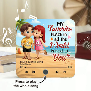 My Favorite Place in All the World is Next to You, Summer Cartoon Couple - Personalized Music Fridge Magnet - Gift For Couple