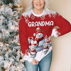 Grandma Snowman With Kids - Personalized Ugly Sweatshirt - Christmas Gift For Grandma