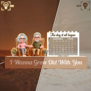 Old Couple Sitting On Rocking Chair Anniversary Date - Personalized 3D LED Light Wooden Base - Gift For Couple