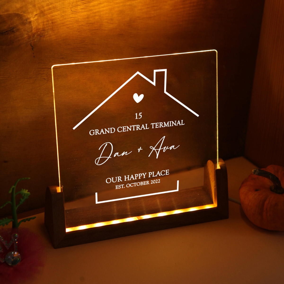 Our Happy Place - Personalized Desk Name Plate Night Light - Gift For Couple