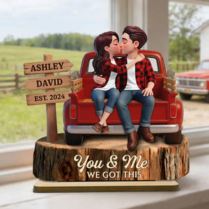 Kissing Couple Pickup Truck Sign Posts - Personalized Wooden Plaque With Flat Base - Valentine's Day Gift For Couple, Farmhouse Decor