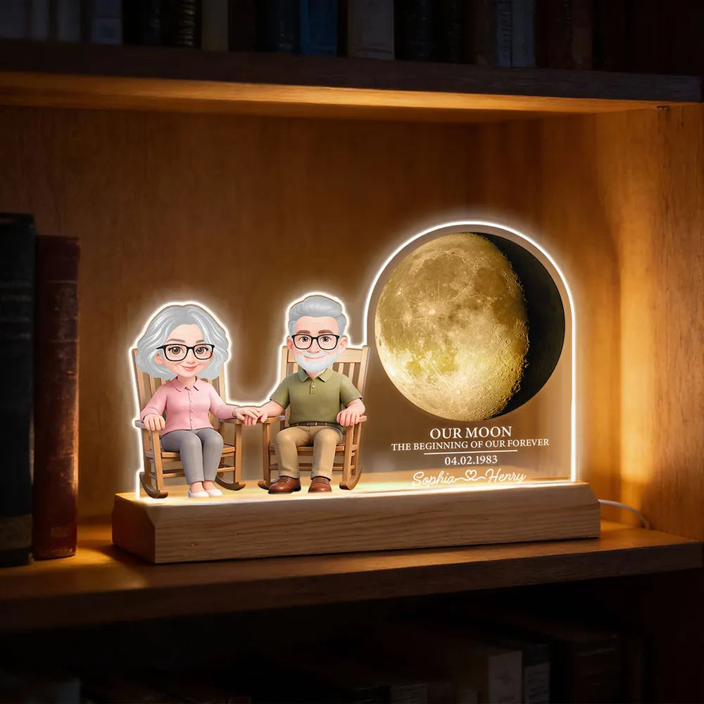Old Couple Sitting On Rocking Chair Custom Moon Phase - Personalized 3D LED Light - Valentine's Day, Anniversary Gift For Couple