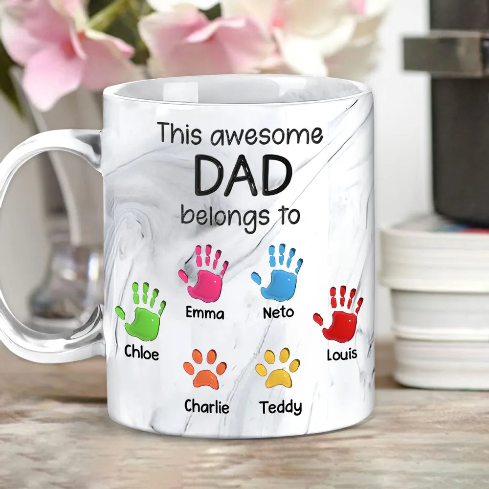 This Awesome Dad Belongs To Kids - Personalized Marble Mug - Gift For Dad, Papa, Father's Day Gift