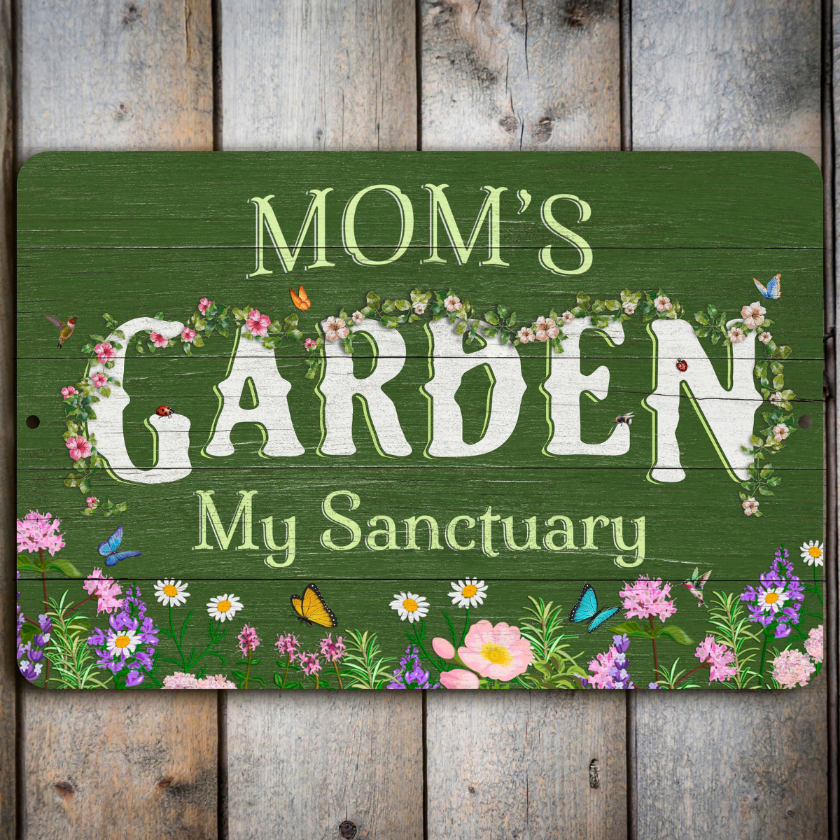 Personalized Flower Garden Sign, Weathered Wood Design, Metal Garden Decor