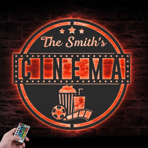 Custom Movie And Popcorn Metal Wall Art LED Light Personalized Family Cinema Home Theater Name Sign Home Decor Man Cave Decoration Birthday