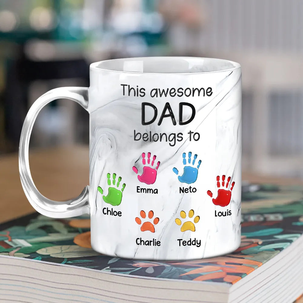 This Awesome Dad Belongs To Kids - Personalized Marble Mug - Gift For Dad, Papa, Father's Day Gift