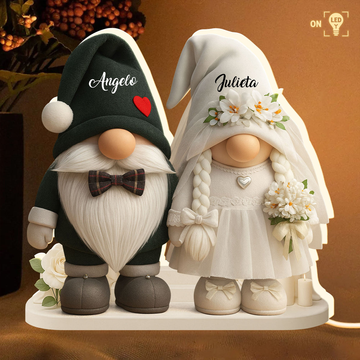 Groom And Bride Gnome With Hearts And Flowers - Personalized Acrylic LED Light Box - Valentine's Day Gift For Couples