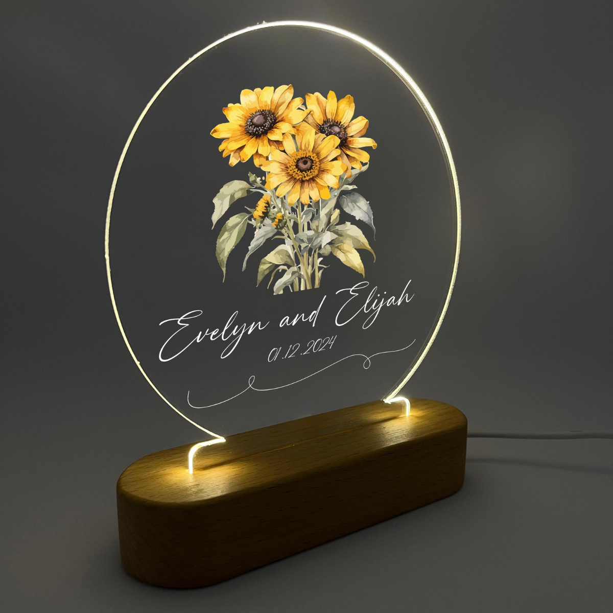 Custom Couples Name Night Light with Sunflower, Personalized Led Night light, Anniversary Gift, Valentines Gift, Unique Wedding Gift