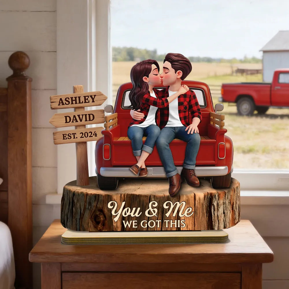 Kissing Couple Pickup Truck Sign Posts - Personalized Wooden Plaque With Flat Base - Valentine's Day Gift For Couple, Farmhouse Decor