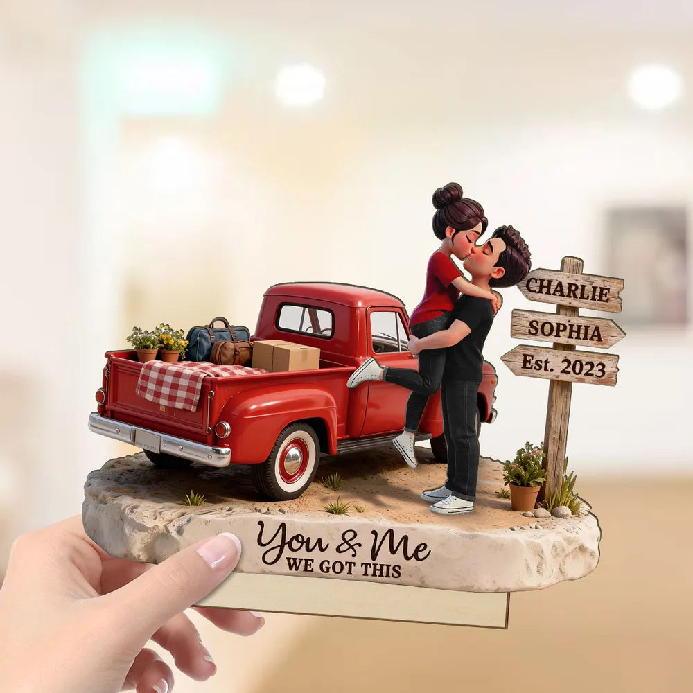 Romantic Couple Pickup Truck Farmhouse Sign Post - Personalized Wooden Plaque With Flat Base - Valentine's Day Gift For Couple, Anniversary Gift