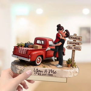 Romantic Couple Pickup Truck Farmhouse Sign Post - Personalized Wooden Plaque With Flat Base - Valentine's Day Gift For Couple, Anniversary Gift