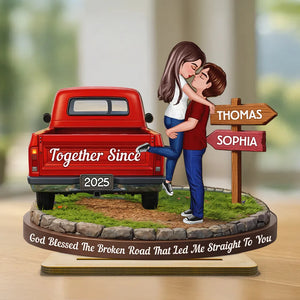 God Blessed The Broken Road - Personalized Wooden Plaque - Valentine's Day Gift for Couple, Anniversary Gift