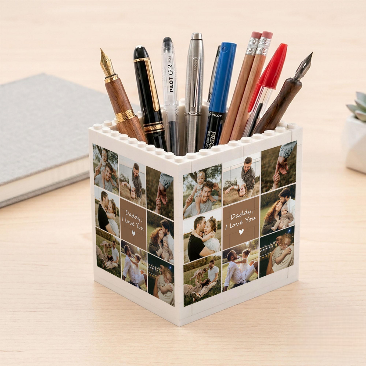 Custom Unique Gift for Dad, Photo Collage Building Block Pen Holder, Dad And Me Photo Blocks, Bricks Puzzle Fathers Day, Gift For Husband