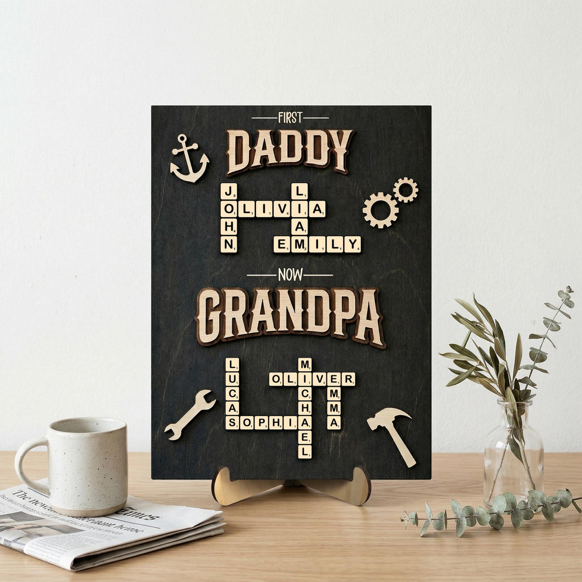 Personalized Scrabble Family Name Sign, First Dad Now Grandpa Wooden Frame, Fathers Day Gift For Grandpa With Kids Name,Dad Puzzle Sign Gift