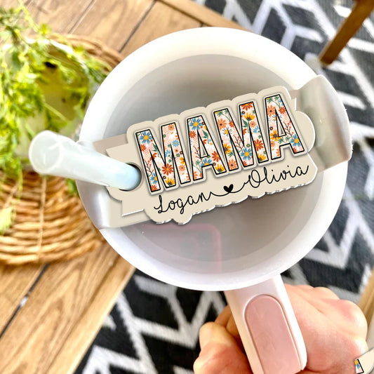 Personalized Mama With Kids Name Tumbler Name Tag, Tumbler Lid Mama Plate Topper, Mom Tumbler Lid Tag, Gift For Mom