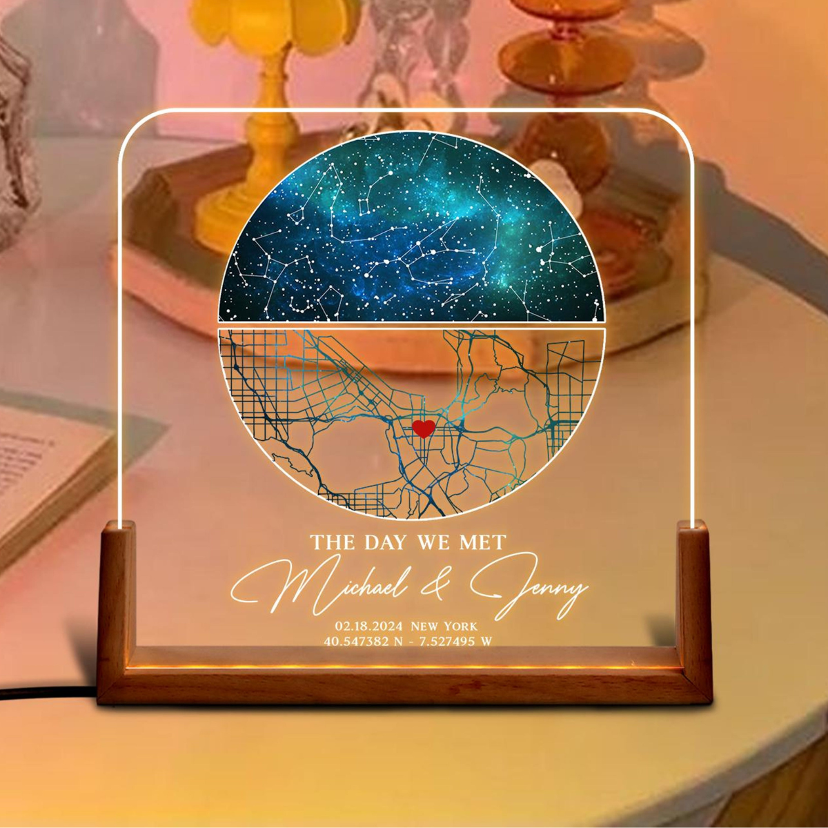 Our First Date Map Night Light, Star Map Desk Name Plate, Stars Chart Gift for Boyfriend Girlfriend, Anniversary Gift for Couple