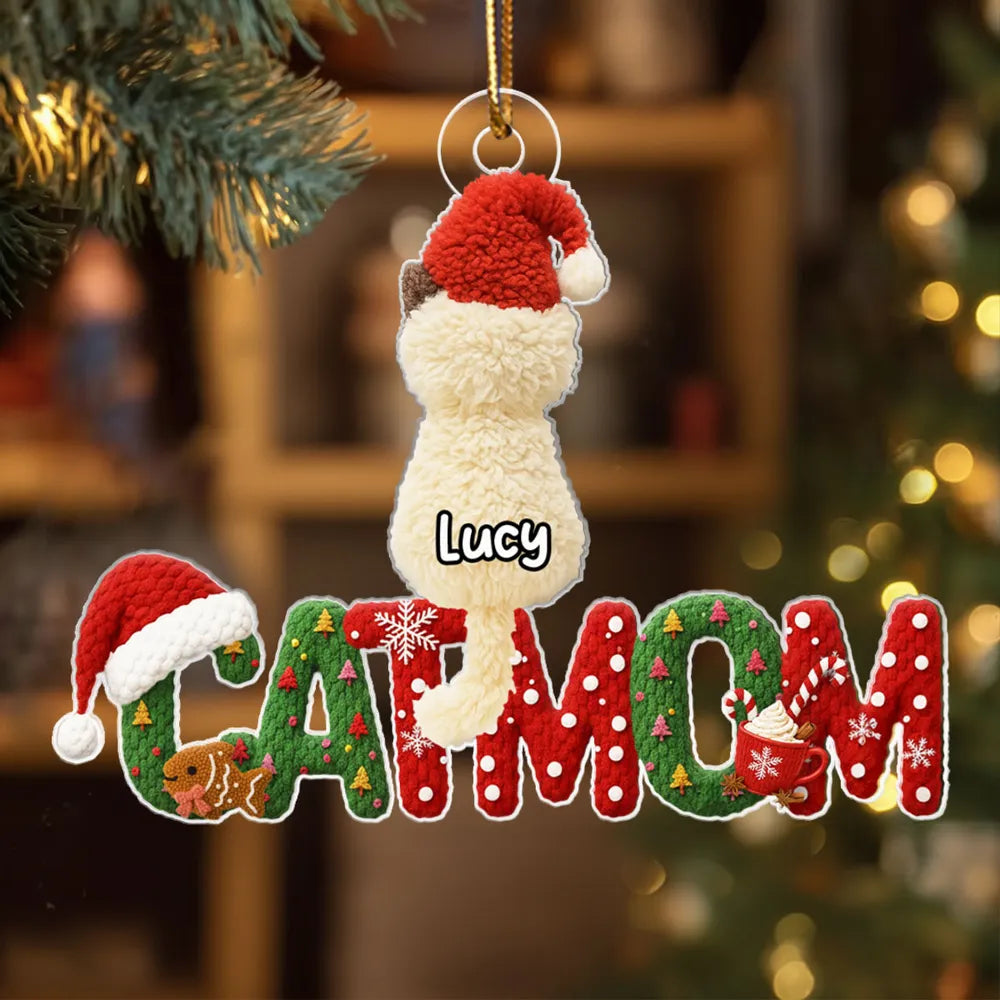 3D Effext Faux Crochet Cat Mom - Personalized Acrylic Ornament - Christmas Gift for Cat Lovers