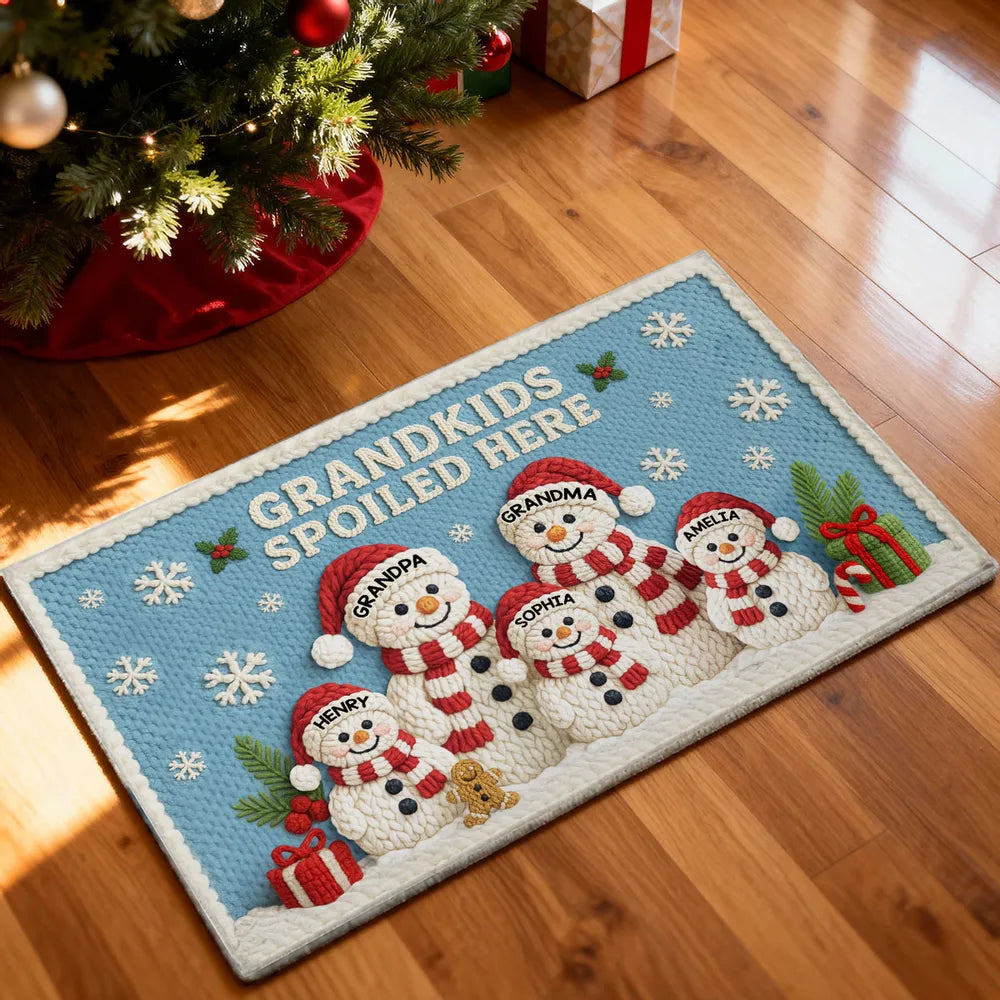 Snowman Family Crochet Faux Yarn Texture - Personalized Doormat - Christmas Decoration