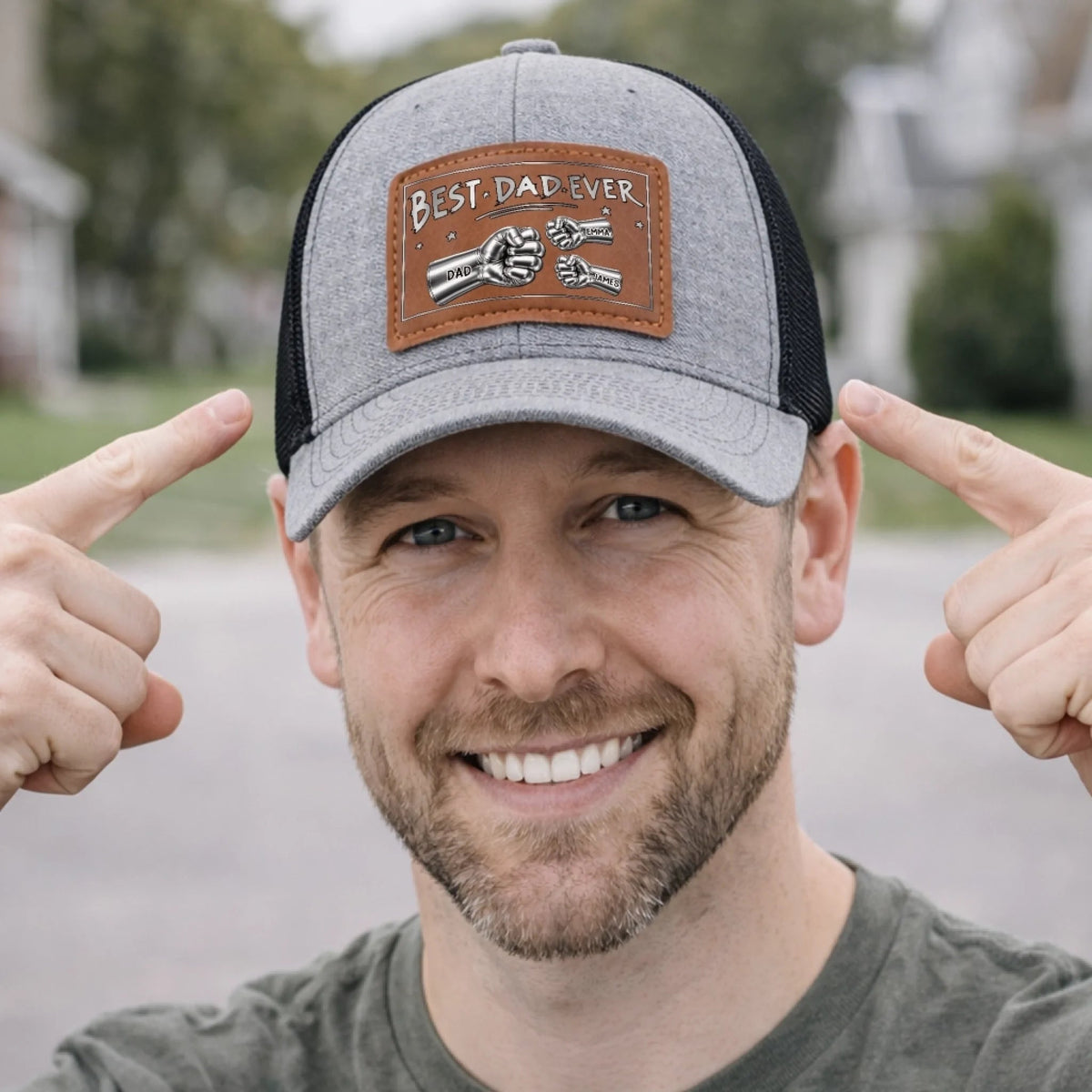 Best Dad Ever Steel Fist Bumps - Personalized Leather Label Net hat - Gift For Dad Papa, Father's Day Gift
