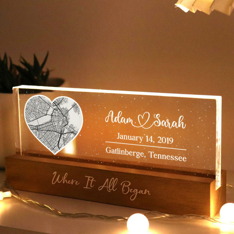 Where It All Began Couple Location, Personalized LED Light Wooden Base, Engagement Gift, Anniversary Gift, Heartfelt Keepsake For Couples