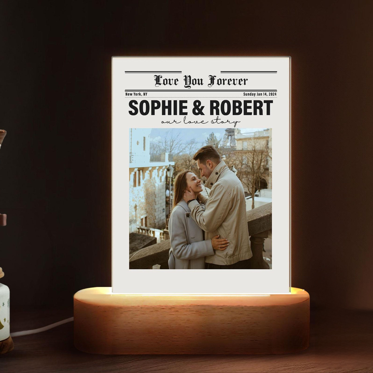 Personalized Couple Newspaper Acrylic Plaque, Valentines Day Gift, Custom Photo Collage Night Light, Gifts For Him, Her, Anniversary Gifts