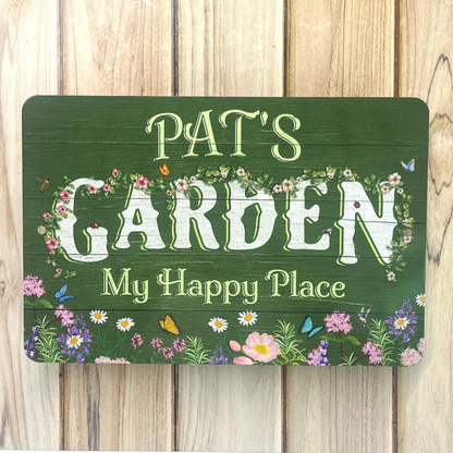 Personalized Flower Garden Sign, Weathered Wood Design, Metal Garden Decor