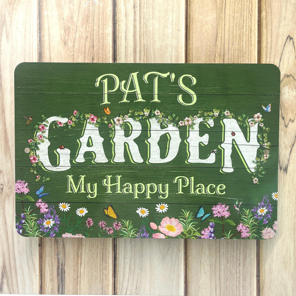 Personalized Flower Garden Sign, Weathered Wood Design, Metal Garden Decor