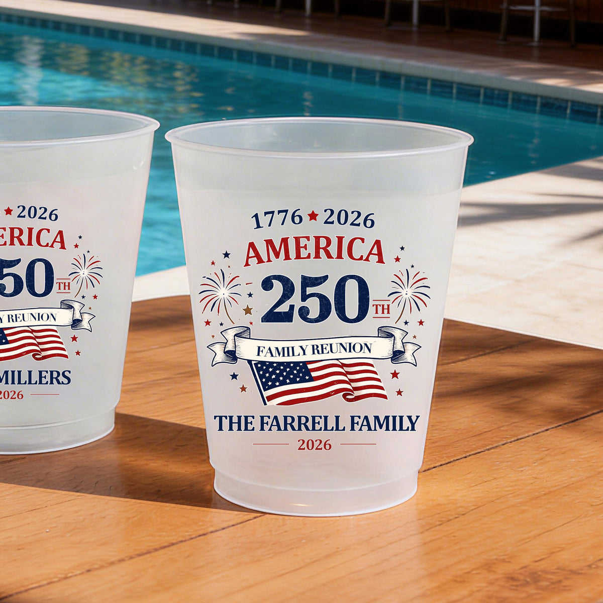 Custom Frosted Cups for Independence Day, 4th of July Party Cups, America 250 Patriotic Family Reunion BBQ Picnic Favors