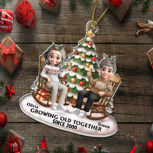 Growing Old Together 3D Effect Couple Sitting - Personalized Custom Shaped Acrylic Ornament - Christmas Gift For Couple